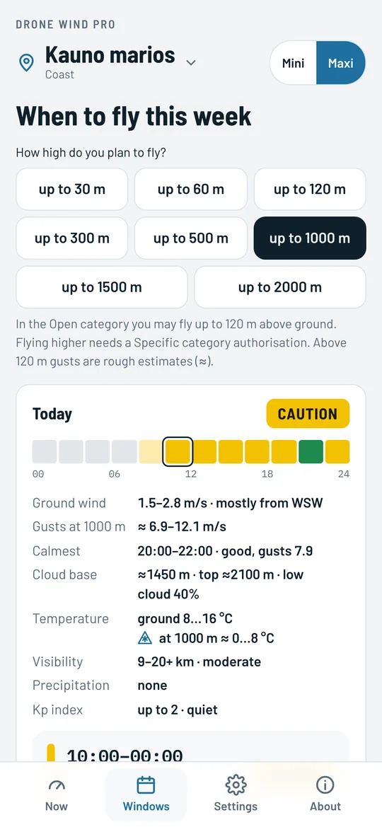 Windows screen for the Maxi drone up to 1000 m: today is “Caution”, the squares match the main answer, temperature at the ground and at 1000 m with the icing sign